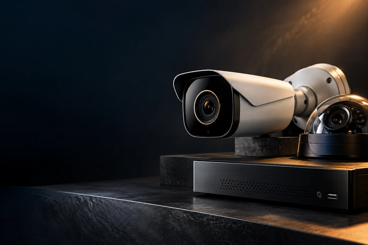 Conceptual photographic composition of CCTV equipment, not a specific item for sale